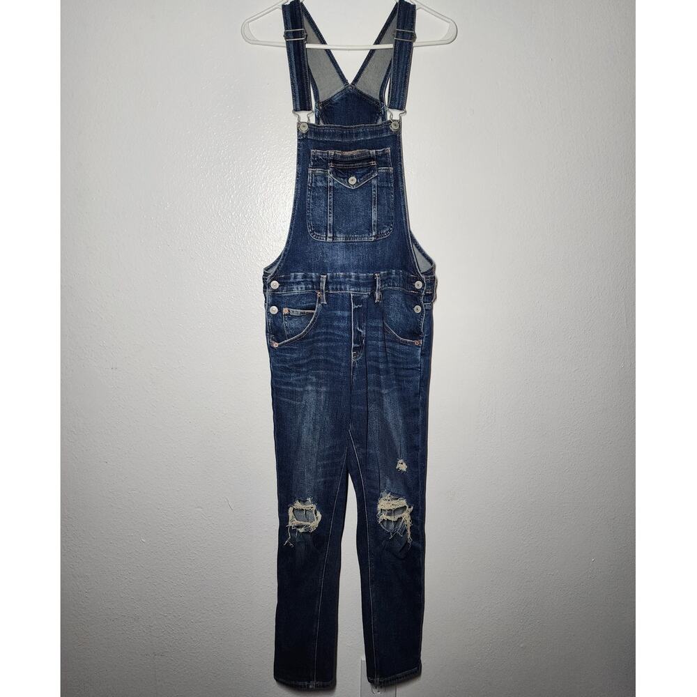 American Eagle Stretch Tomgirl Overall Bib in Destroyed Dark Wash Denim Jumpsuit - Picture 2 of 9